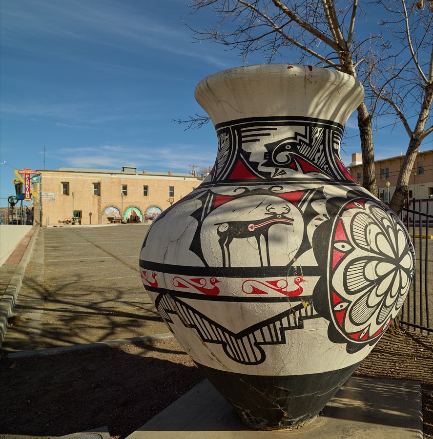 A giant, Indian-style pot on the corner of a downtown parking lot in Gallup, a small city near the Arizona border in far-western New Mexico