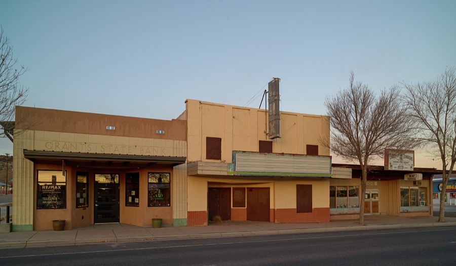 The Lux Theatre, a 1937 movie house that has been abandoned since a boiler fire damaged the building in 1970 in Grants, New Mexico