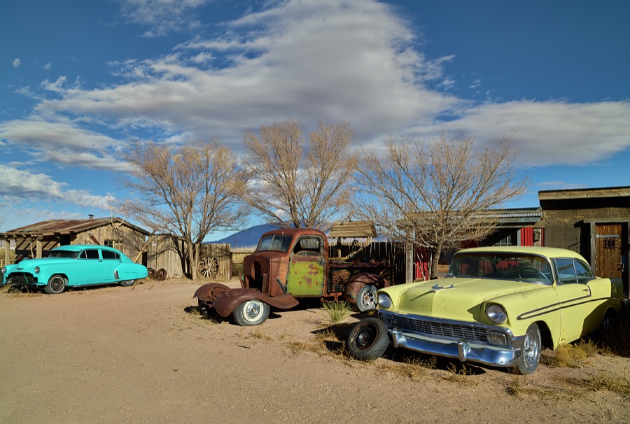 Vintage car at an installation that some call "outsider art" in the small, south-central New Mexico town of Carrizozo, with a population of 1,000 or so (as of 2021)