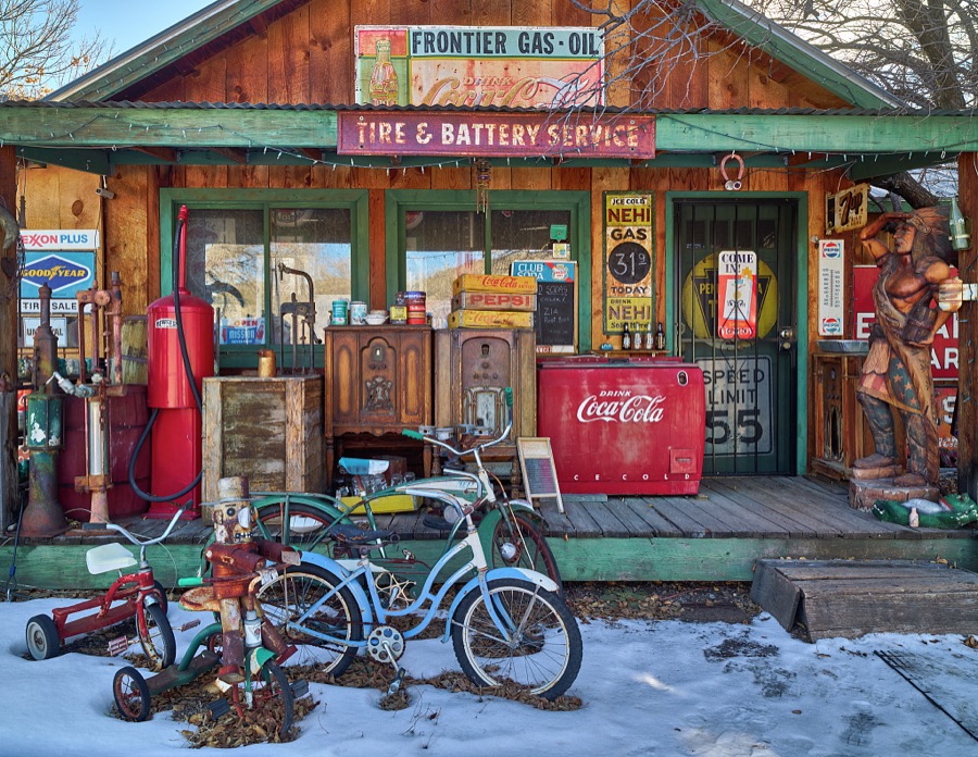 The general-store portion of a nostalgic roadside attraction, the Classical Gas Museum, in the Rocky Mountain foothills of northern New Mexico, near the town of Dixon