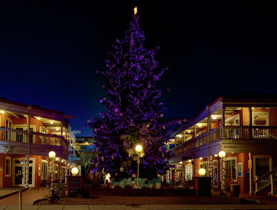 An enormous Christmas tree on the Old Town central plaza in Albuquerque, the largest city in New Mexico