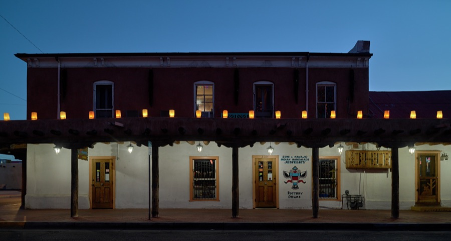 The Plaza Indian Trading Post, a shop on the central square, photographed during the Christmas holiday season, in the historic Old Town neighborhood of Albuquerque, the largest city in New Mexico