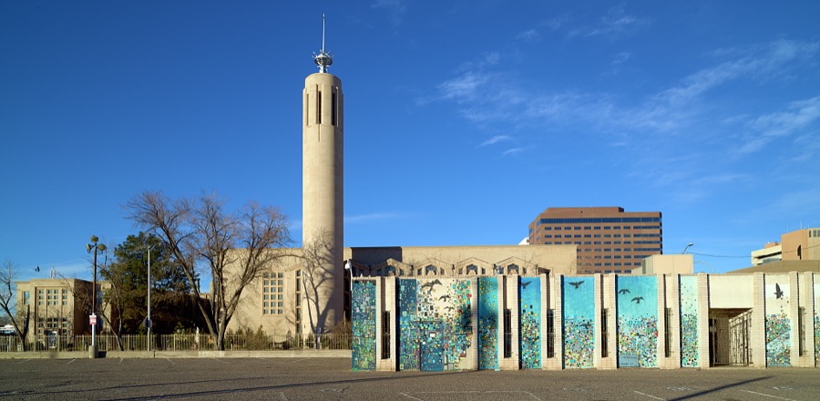 The cylindrical tower of the Immaculate Conception Catholic Church stands out in downtown Albuquerque, the largest city in New Mexico