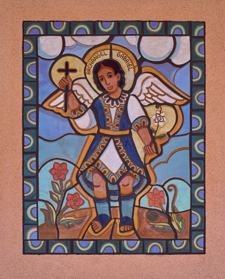 Mosaic on an outer wall of the Santa Maria de la Paz Catholic Community "worship space" in a neighborhood adjacent to Santa Fe Community College in Santa Fe, the capital city of the southwest U.S. state of New Mexico