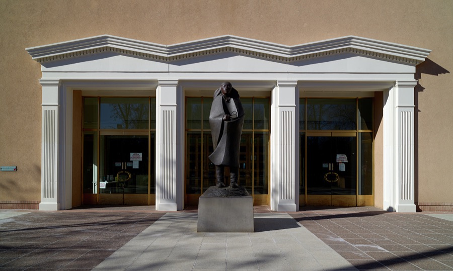 Artist Allan Houser's "Morning Prayer" sculpture stands in front of the New Mexico Capitol in Santa Fe, the capital city of the southwest U.S. state of New Mexico
