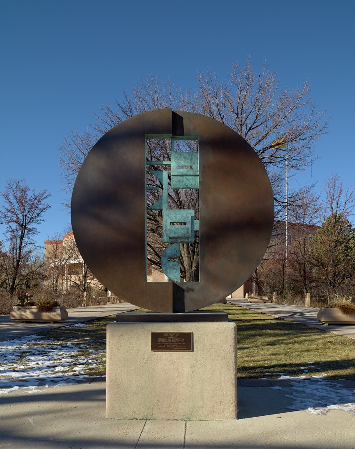Dan Namingha's 1999 sculpture, "Passage," outside the capitol building in Santa Fe, the capital city of the southwest U.S. state of New Mexico