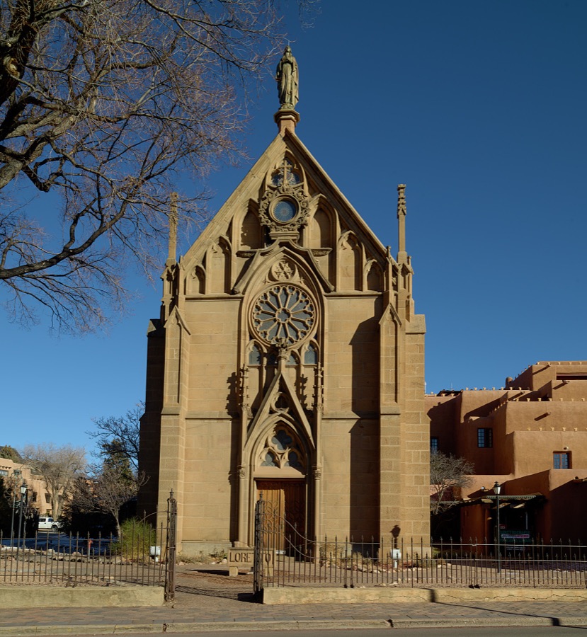 The Loretto Chapel, a former Catholic church that is now (as of 2021) a museum and wedding chapel in Santa Fe, the capital city of the southwest U.S. state of New Mexico