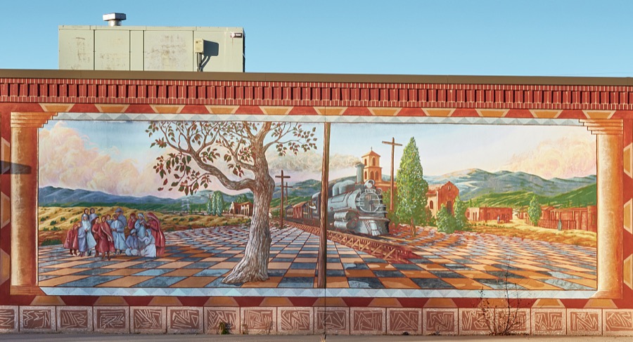 Historical mural on a wall of the Alvord Elementary School in the Railyard District of Santa Fe, the capital city of the southwest U.S. state of New Mexico