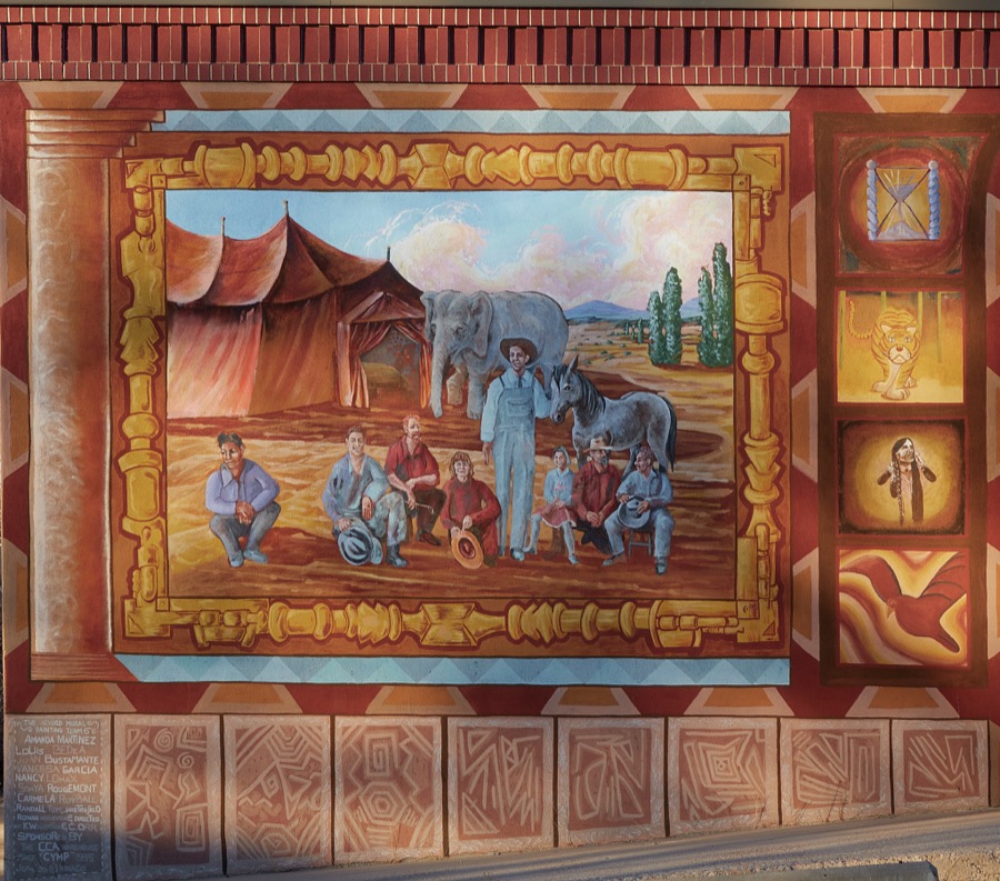 Historical mural on a wall of the Alvord Elementary School in the Railyard District of Santa Fe, the capital city of the southwest U.S. state of New Mexico