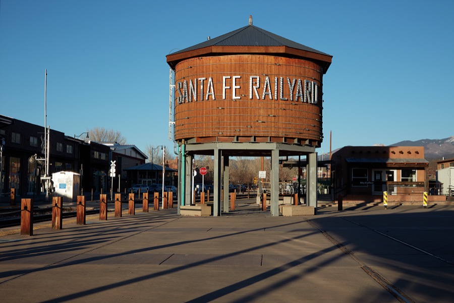 A large, refurbished old water tower that is often used as a graphic symbol of the Railyard District of Santa Fe, the capital city of the southwest U.S. state of New Mexico