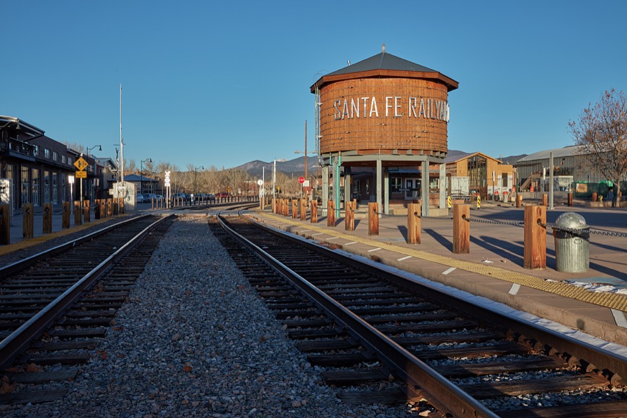 A large, refurbished old water tower that is often used as a graphic symbol of the Railyard District of Santa Fe, the capital city of the southwest U.S. state of New Mexico