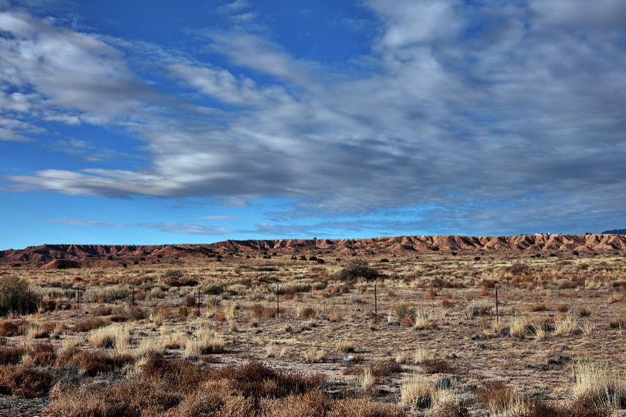 Scrubby high desert gives way to low, rocky ridges near Belen in central New Mexico