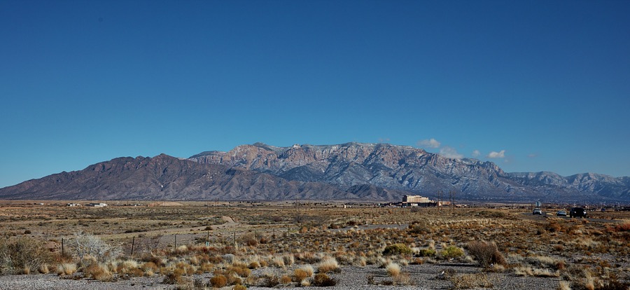 View of the Sandia Mountains and the New Mexico desert, near Bernalillo, above Albuquerque
