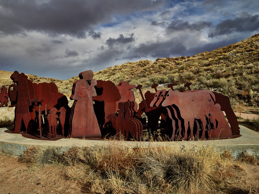 Artist Armando Alvarez Compean's 1997 La Puerta Del Sol metal-art sculpture grouping below Tome near the settlement of Tome in New Mexico's Rio Grande River floodplain