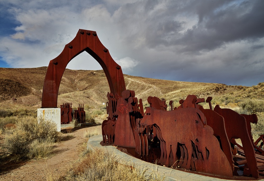 Artist Armando Alvarez Compean's 1997 La Puerta Del Sol metal-art sculpture grouping below Tome near the settlement of Tome in New Mexico's Rio Grande River floodplain