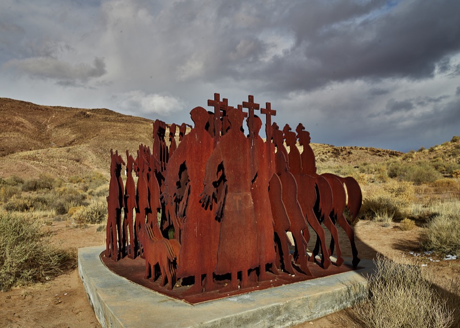 Artist Armando Alvarez Compean's 1997 La Puerta Del Sol metal-art sculpture grouping below Tome near the settlement of Tome in New Mexico's Rio Grande River floodplain