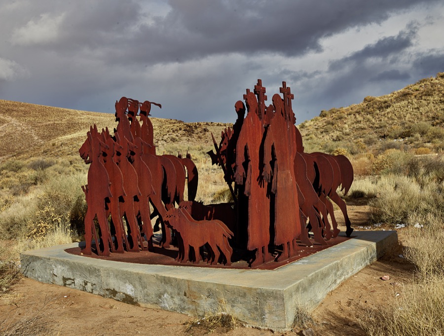 Artist Armando Alvarez Compean's 1997 La Puerta Del Sol metal-art sculpture grouping below Tome near the settlement of Tome in New Mexico's Rio Grande River floodplain