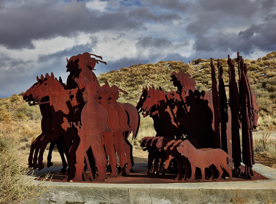 Artist Armando Alvarez Compean's 1997 La Puerta Del Sol metal-art sculpture grouping below Tome near the settlement of Tome in New Mexico's Rio Grande River floodplain