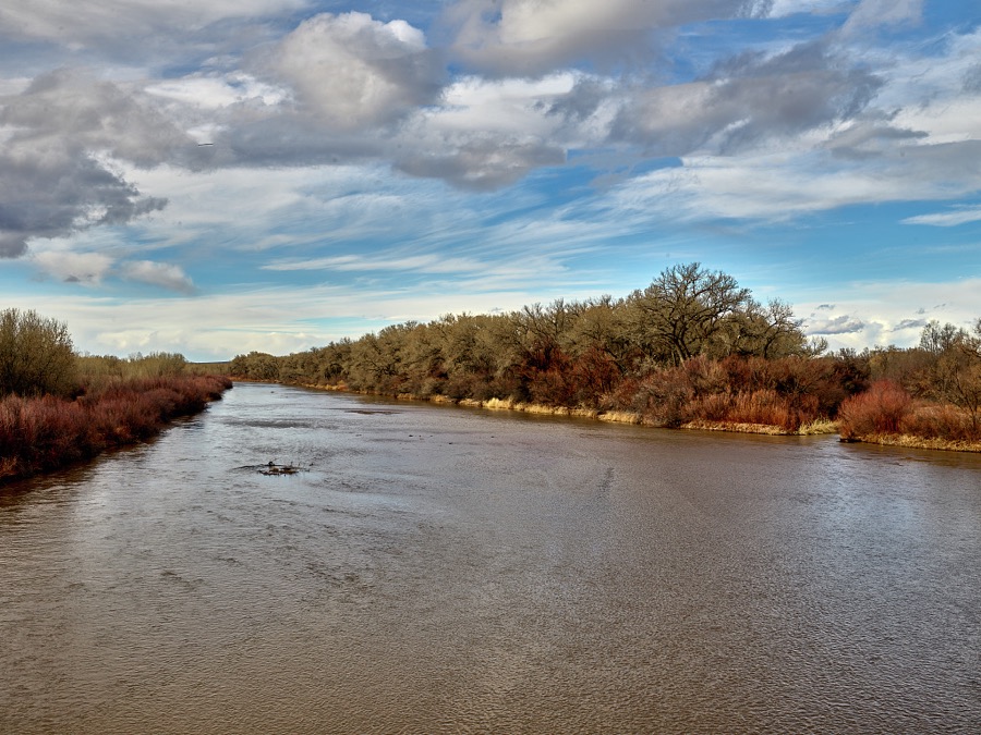 Wintertime view of the Rio Grande River near Belen in central New Mexico, which also is somewhat past midway on the river's course from its start as a trickle in the Colorado Rocky Mountains to its last, spectacular run as a wide stream that forms a famous border between Texas and Mexico to the south