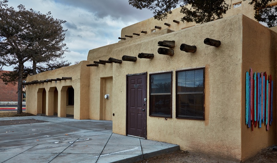 A Pueblo adobe-style office building in the central New Mexico town of Belen