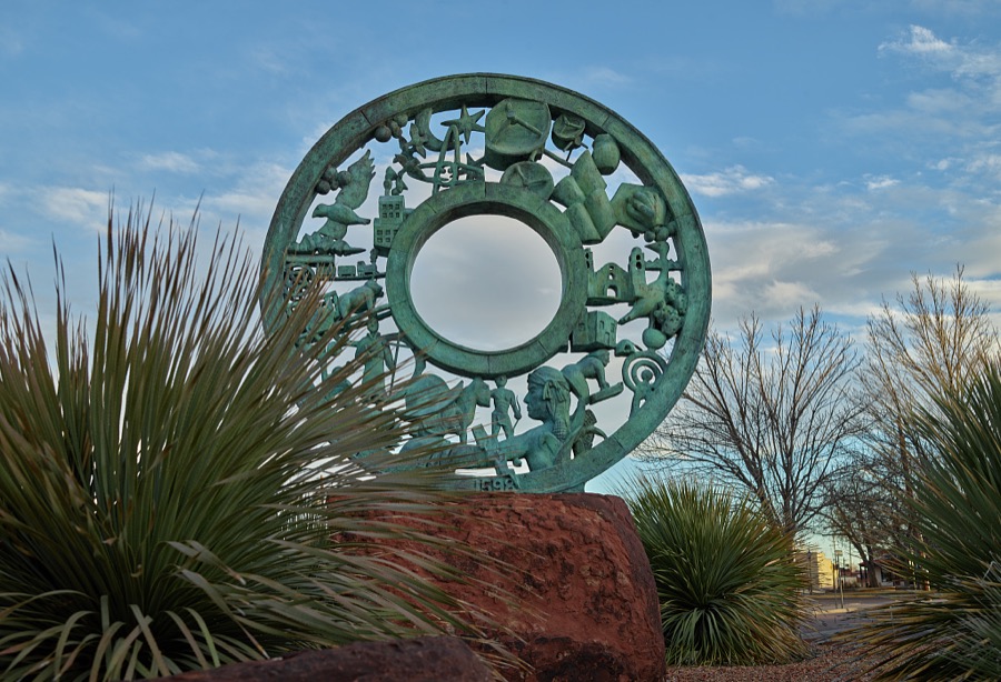 Claudia DeMonte and Ed McGowin's 1998 bronze and stone sculpture, "First Contact," in Socorro, a small city in central New Mexico