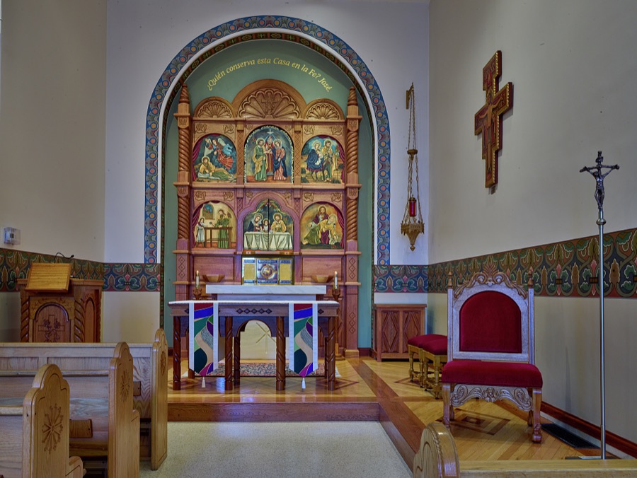 The altar screen is the focus of the Blessed Sacrament Chapel (El Sagrario), sometimes referred to as the Chapel of Saint Joseph, which stands within at the Cathedral Basilica of St. Francis of Assisi in Santa Fe, New Mexico