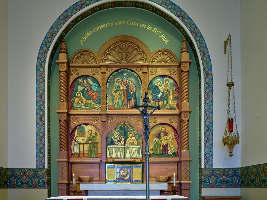 The altar screen is the focus of the Blessed Sacrament Chapel (El Sagrario), sometimes referred to as the Chapel of Saint Joseph, which stands within at the Cathedral Basilica of St. Francis of Assisi in Santa Fe, New Mexico