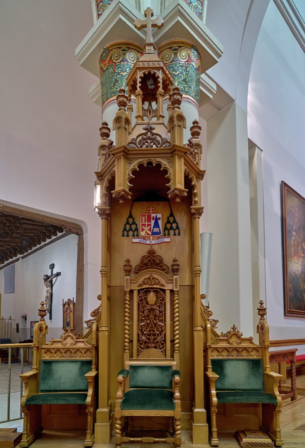 This is the bishop's presider's chair, once referred to as a throne, dating to 1894 at the Cathedral Basilica of St. Francis of Assisi in Santa Fe, New Mexico