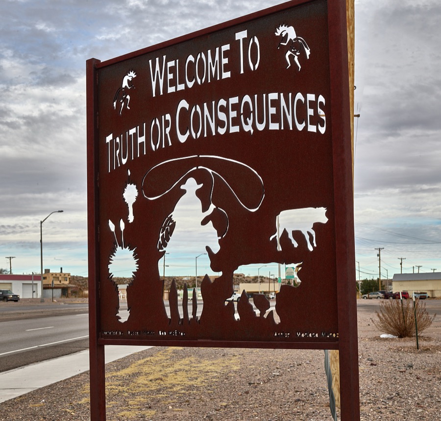 An unusual silhouetted welcome sign on the outskirts of Truth or Consequences, New Mexico