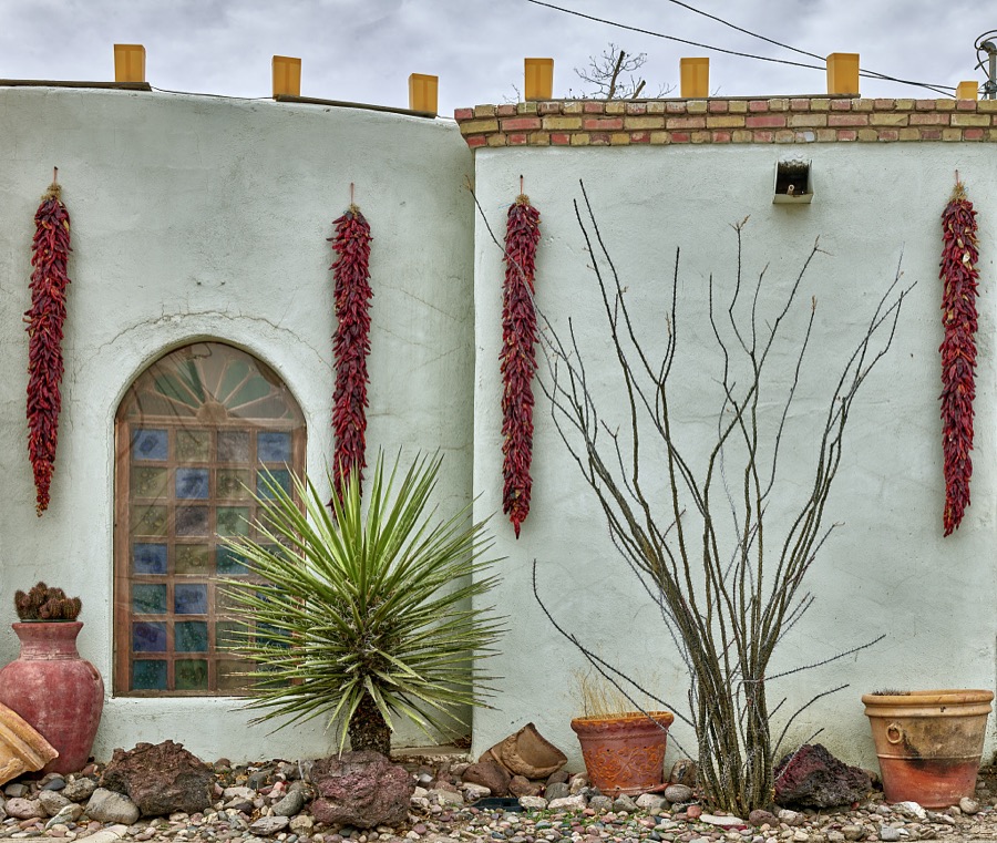 Chiles hang on the wall of the La Posta Restaurant on the plaza of Mesilla (locally called Old Mesilla), a historic town adjacent to Las Cruces, the hub city of southern New Mexico