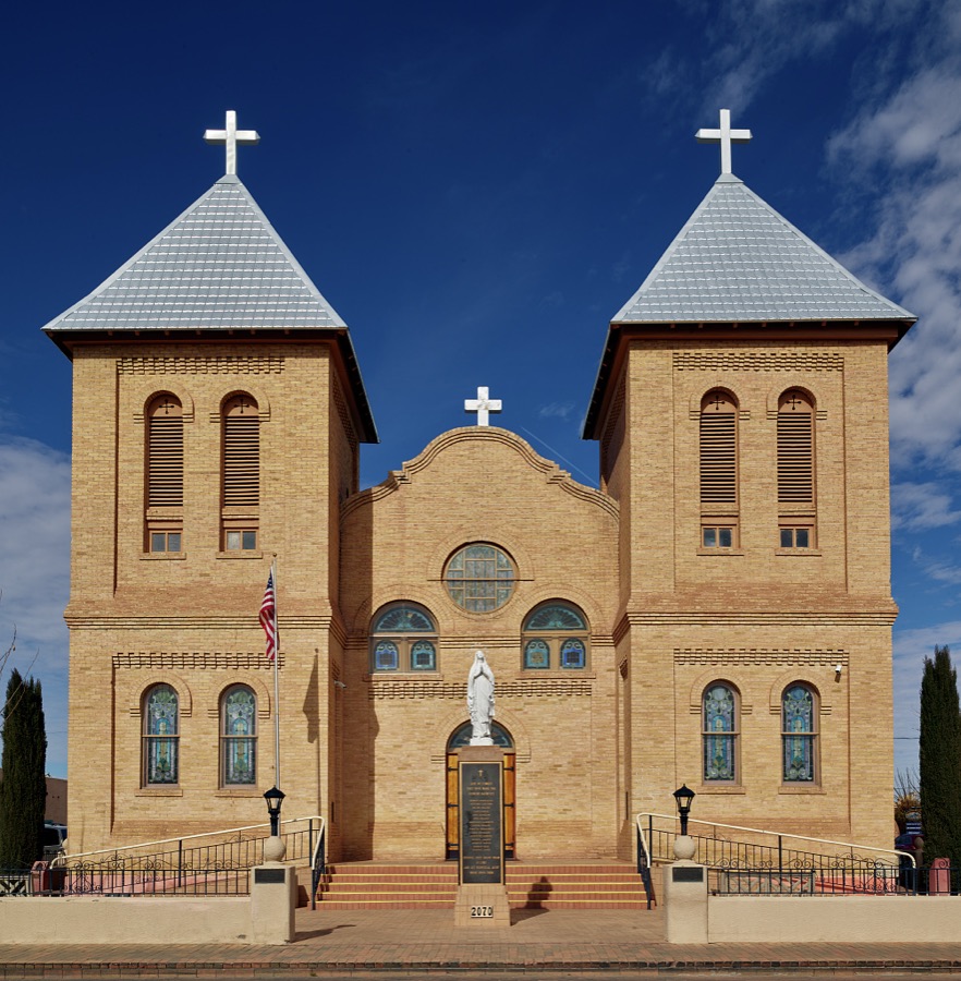 The Basilica of San Albino on the plaza of Mesilla (locally called Old Mesilla), a historic town adjacent to Las Cruces, the hub city of southern New Mexico