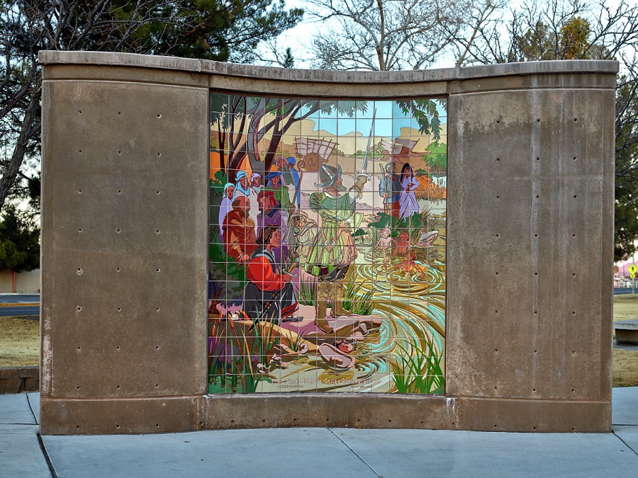 Anthony Pennock and Shan Nichols's 2008 mosaic mural, "El Rio Grande de Norte, Onate's Proclamation, 1598" is one of three adjacent art installations in Johnson Park, near City Hall and the Thomas Branigan Memorial Library in Las Cruces, the hub city of southern New Mexico