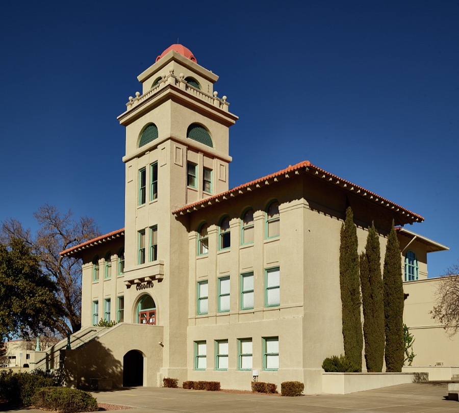 Goddard Hall, designed by legendary Southwest-U.S. architect Henry C. Trost and completed in 1913 on the campus of New Mexico State University in Las Cruces, the hub city of southern New Mexico, 27 miles from the border with far-western Texas