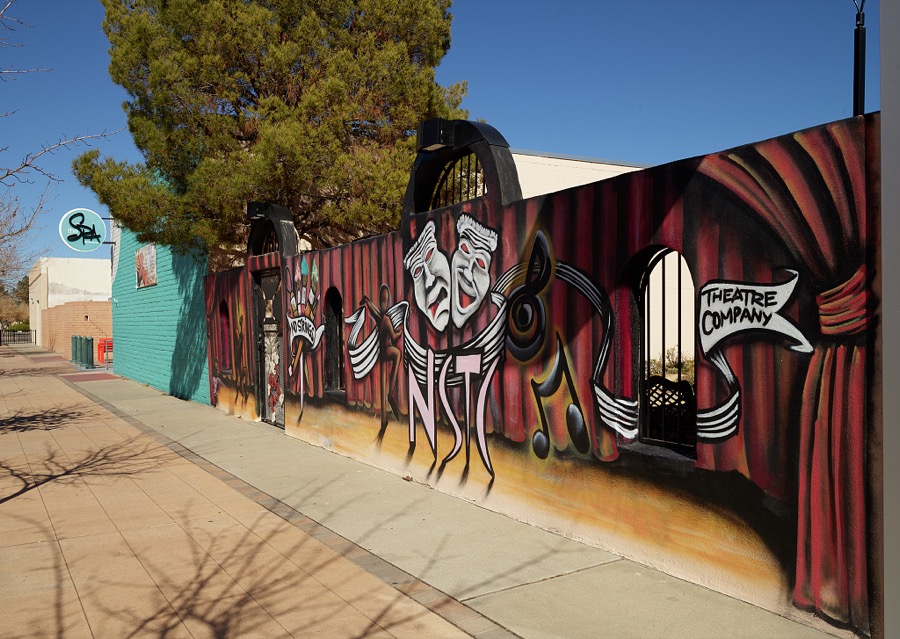Colorful entrance to the Las Cruces Community Theatre in Las Cruces, the hub city of southern New Mexico, 27 miles from the border with far-western Texas