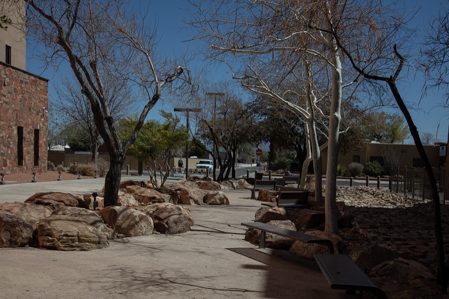 Benches and outdoor area outside the Harold L. Runnels Federal Building in Las Cruces, New Mexico