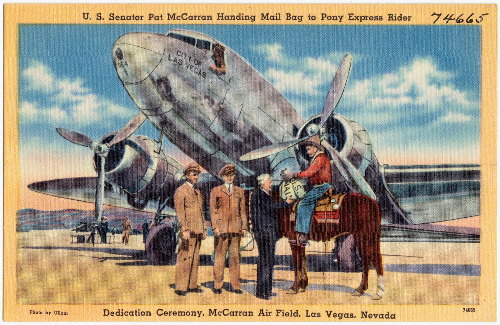 U.S. Senator Pat McCarran handing mail bag to Pony Express rider, Dedication Ceremony, McCarran Air Field, Las Vegas, Nevada, Boston Public Library - undated
