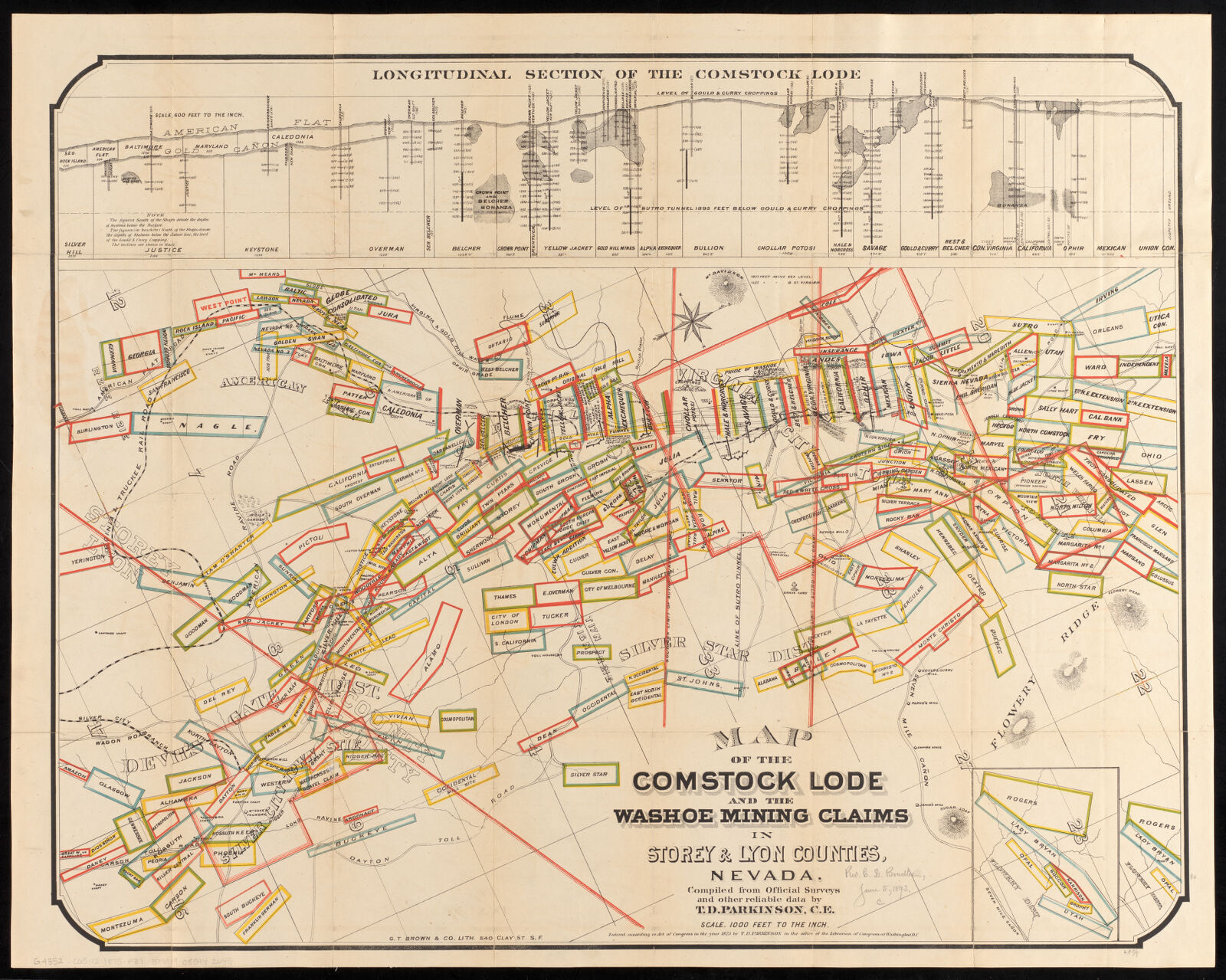 Map of the Comstock Lode and the Washoe mining claims in Storey & Lyon counties, Nevada, Boston Public Library - undated