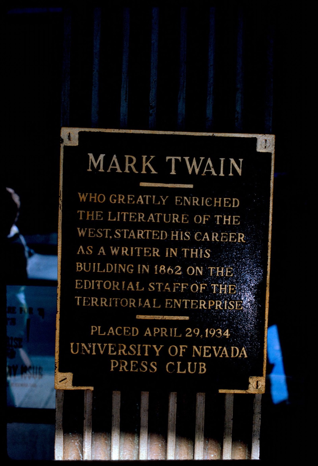 Sign commemorating Mark Twain's work at the Territorial Enterprise, Virginia City, Nevada, Boston Public Library - undated