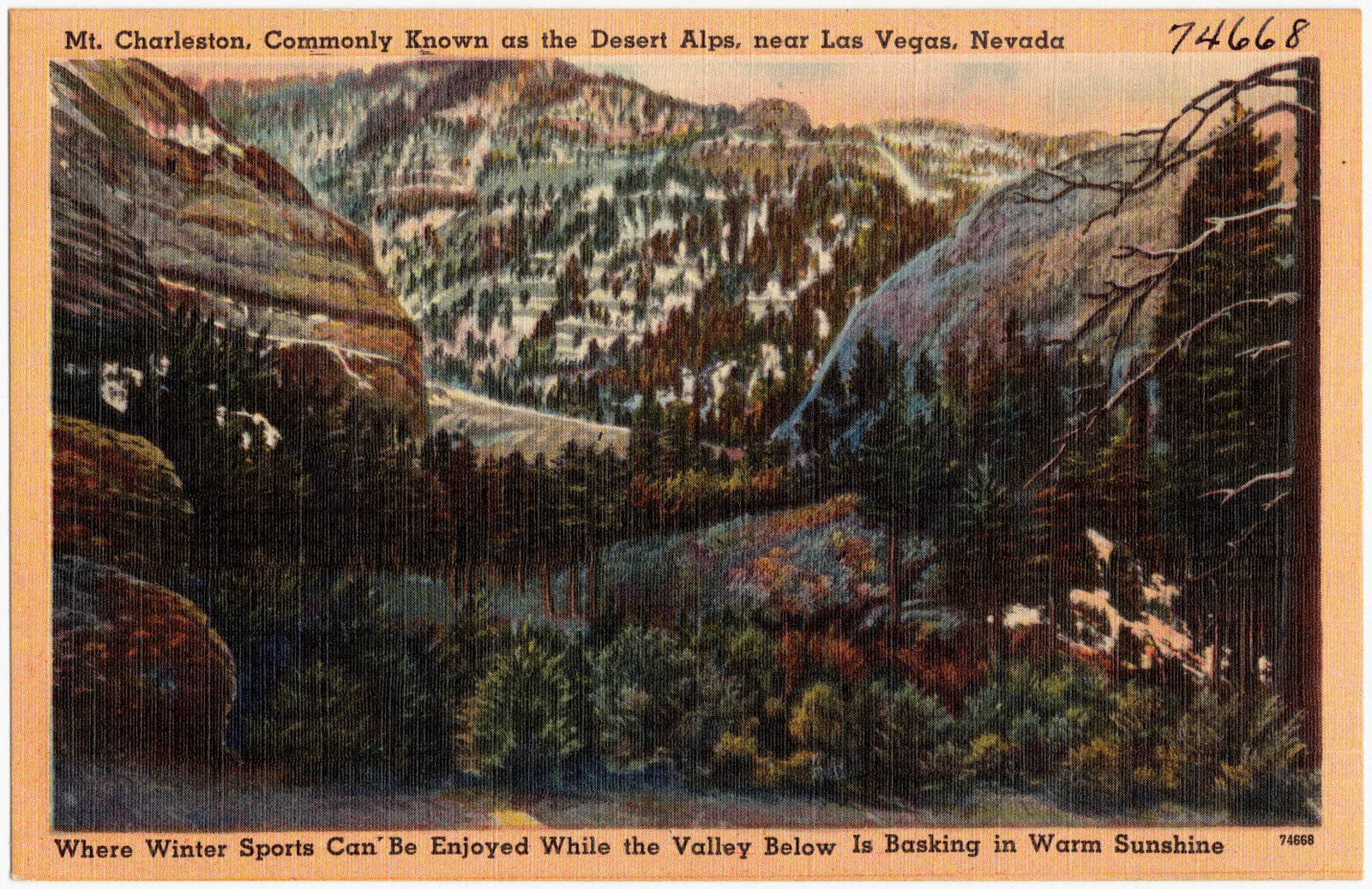 Mt. Charleston, commonly known as the Desert Alps, near Las Vegas, Nevada. Where winter sports can be enjoyed while the valley below is basking in warm sunshine., Boston Public Library - undated