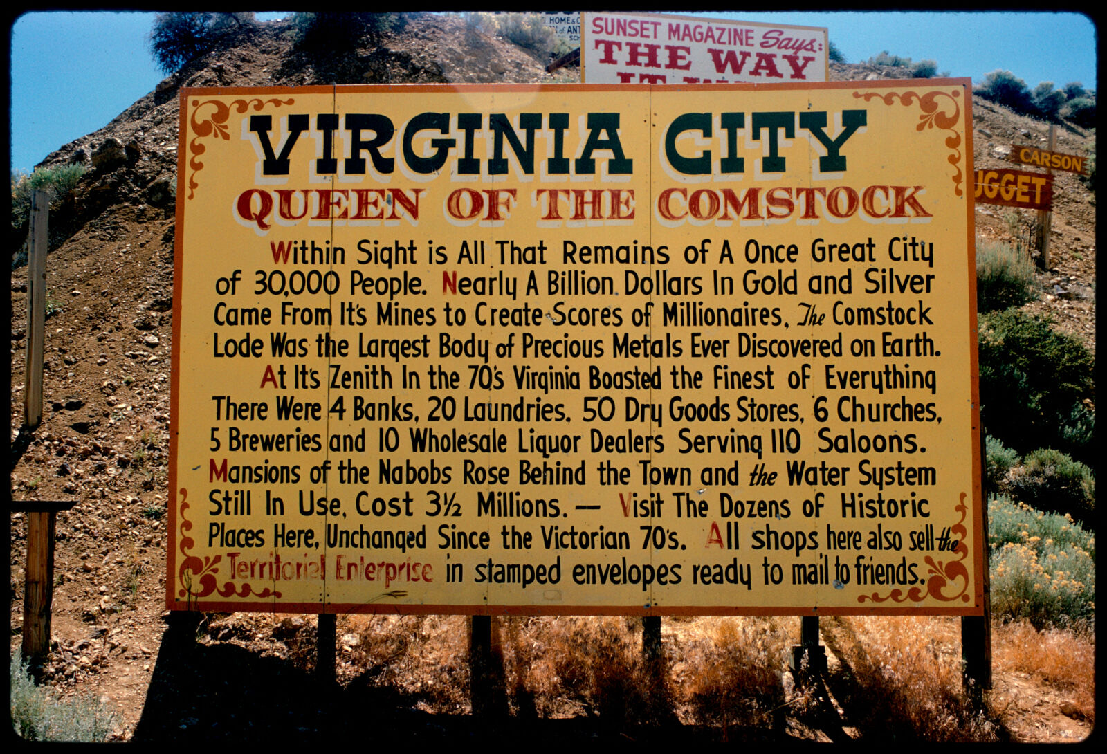 Informational sign titled "Virginia City Queen of the Comstock," Nevada, Boston Public Library - undated