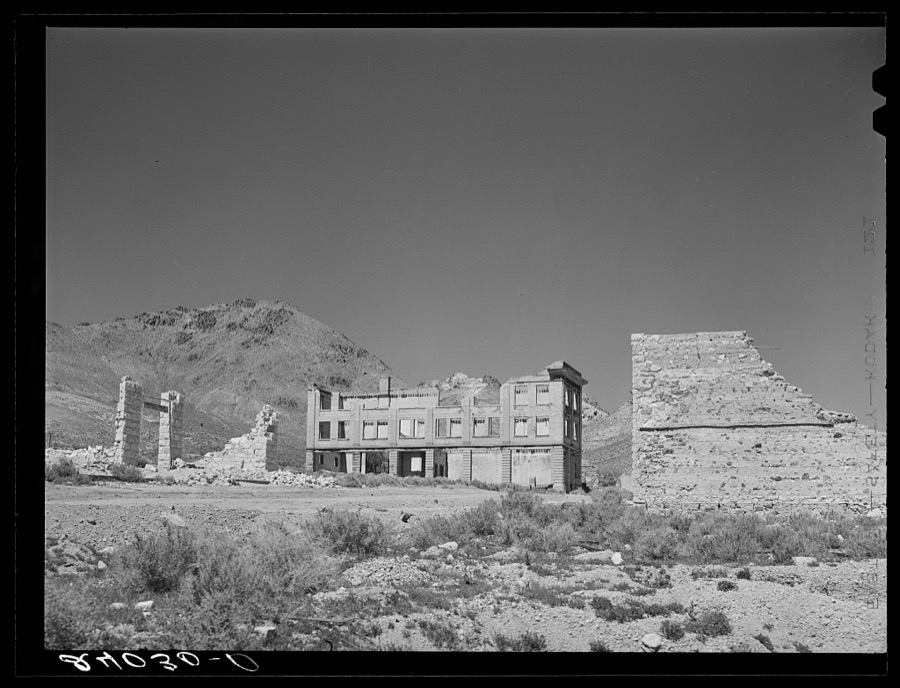 Ruins of buildings in ghost mining town. Rhyolite, Nevada