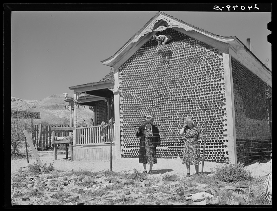 Tourists visiting bottlehouse. Rhyolite, Nevada