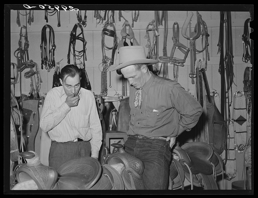 Cowhand tries on chaps. Capriola Saddlery, Elko, Nevada