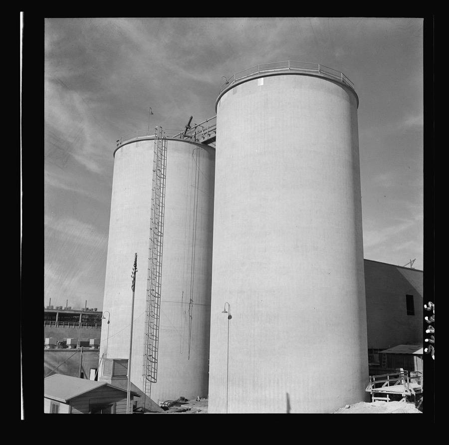 Las Vegas, Nevada. Giant silos, eighty-four feet high, for the storage of ore for the manufacture of magnesium at the Basic Magnesium Incorporated plant in the southern Nevada desert