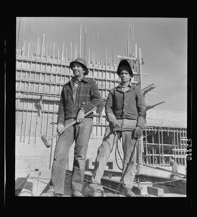 Las Vegas, Nevada. Helmeted welders busy in their part in the completion of the Basic Magnesium plant in the southern Nevada desert, which will turn out great quantities of this lightest of all metals for aircraft and tracer bullet manufacturers