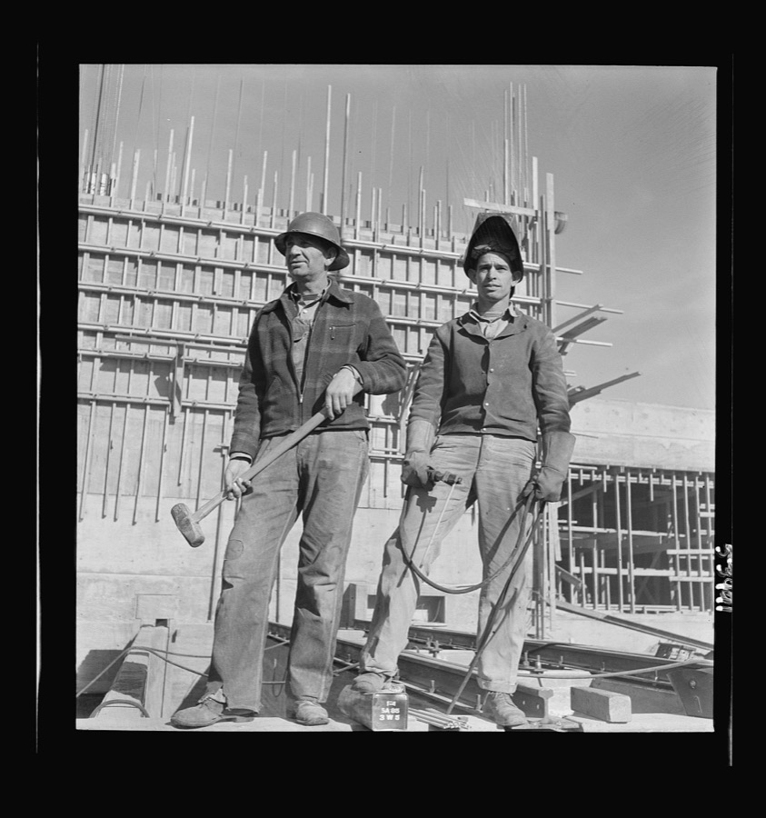 Las Vegas, Nevada. Helmeted welders busy in their part in the completion of the Basic Magnesium plant in the southern Nevada desert, which will turn out great quantities of this lightest of all metals for aircraft and tracer bullet manufacturers