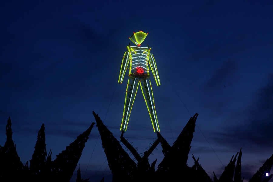 The neon "Man" himself at the annual Burning Man festival, an artistic extravaganza in the Nevada desert, 100 miles from Reno
