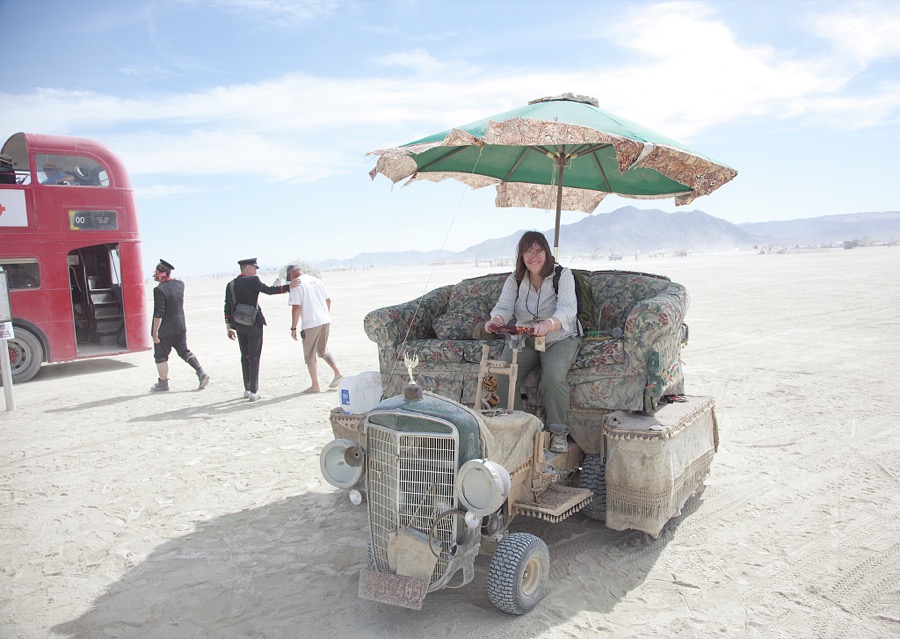 Comforts are few at the annual Burning Man festival, an artistic extravaganza in the Nevada desert, 100 miles from Reno but photographer Carol M. Highsmith gets a brief one at what was once an underground "happening" showcase of avant garde art