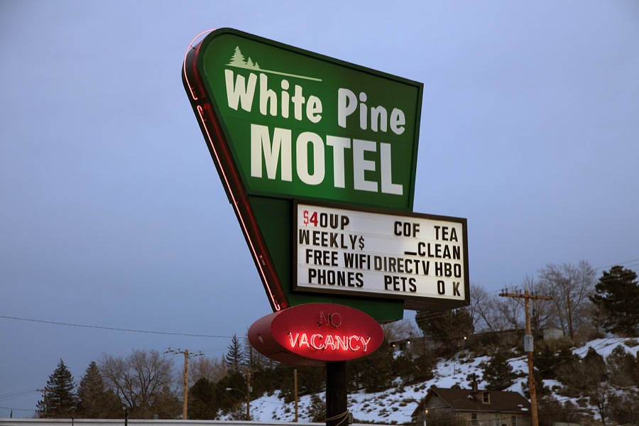 Neon sign for the White Pine Motel in Ely, a remote Nevada mountain town that was once a stagecoach stop and Pony Express station near the Utah border