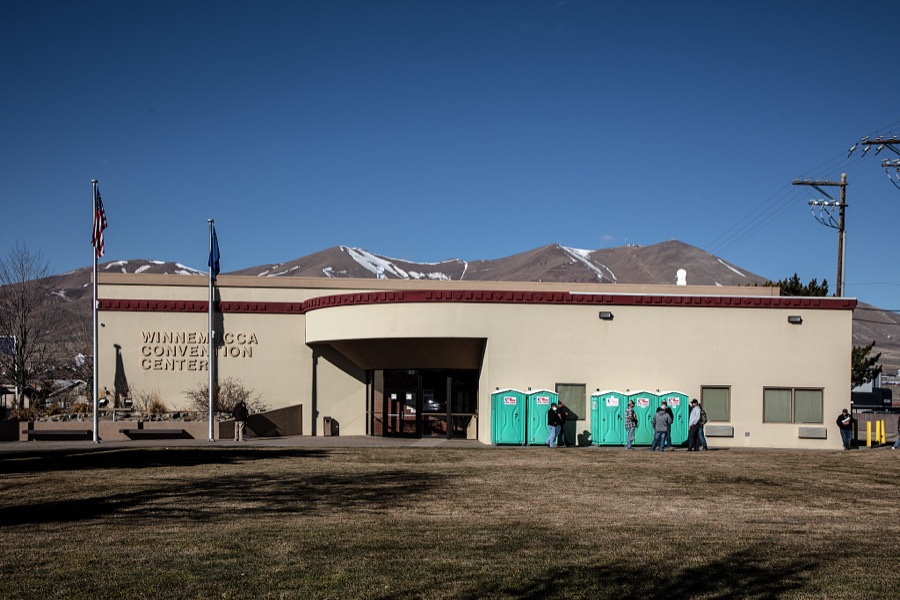 Portable toilets perhaps add to the functionality, if not the grandeur, of the convention center in Winnemucca, Nevada